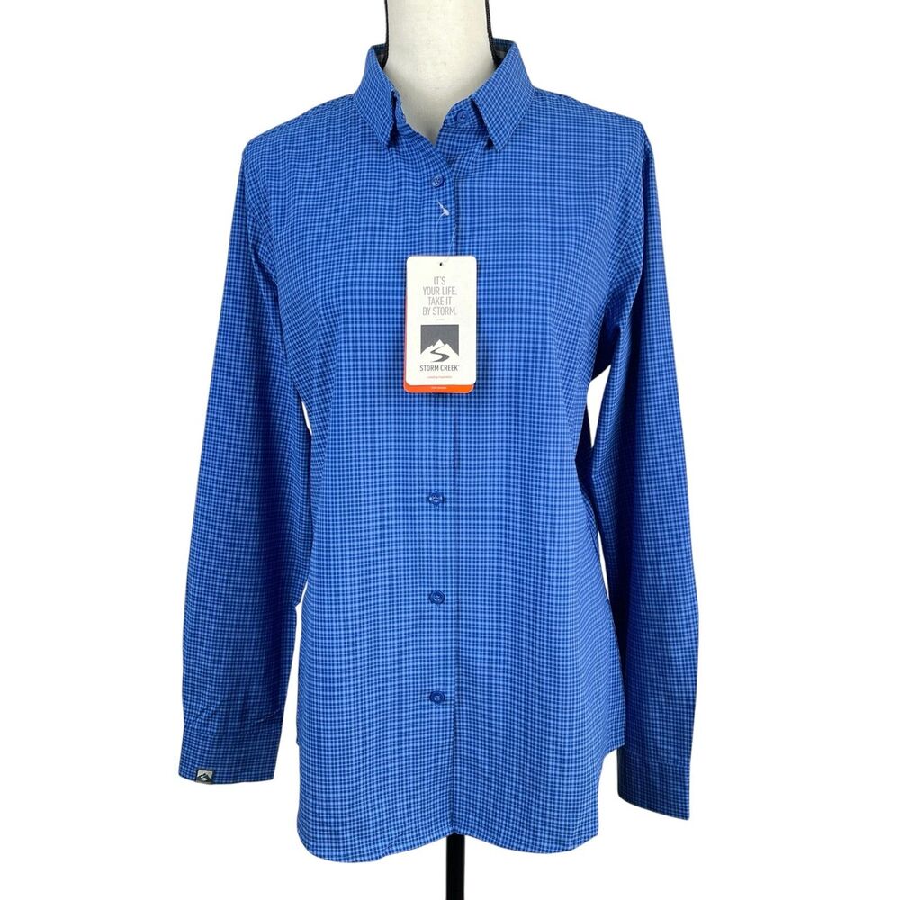 Storm Creek Women's Shirt Large Blue Check 4-Way Stretch Button Down Long Sleeve